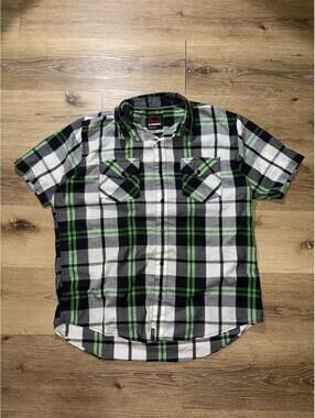 Tony Hawk Plaid Short Sleeve Button Up Shirt Green Black Men’s XXL